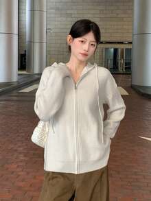 Soft, Slouchy Zip-Up Knit Cardigan, Loose Fit Hooded Sweater For Women, New Autumn Collection - Grayish Apricot - View 2