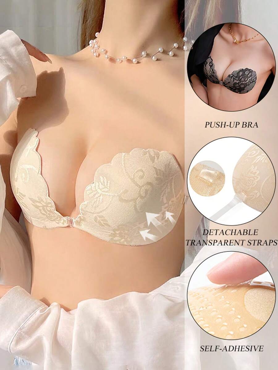 1pc/2pcs/3pcs Lace Invisible Bra Lift Adhesive Silicone Nipple Cover, Front Closure Back Strap Design, Reusable, Suitable For Bikini And Strapless Evening Dress