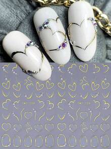 3D金色爱心珍珠美甲贴纸2片装金属镂空不对称甜心法式条纹线条饰品情人节美甲贴片女士女孩礼物DIY全息浪漫时尚婚礼节日自粘贴纸滑动美甲装饰用品 - 彩色 - 查看 10