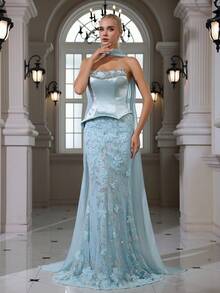 优雅性感缎面串珠亮片水钻花卉刺绣蕾丝无肩带修身美人鱼长裙，适合鸡尾酒会、聚会、宴会、婚礼等春季场合。 - 藍色 - 查看 5