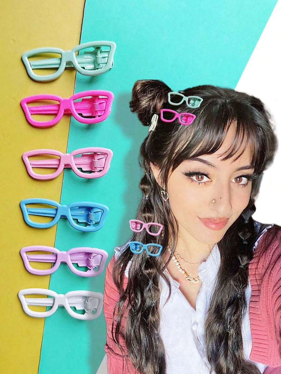 10个装多巴胺糖果色眼镜发夹，迷你逼真小眼镜金属框发夹，可爱Y2K女孩刘海夹，卡哇伊趣味发饰，女孩刘海顶部发夹音乐节发饰 - 彩色 - 查看 1
