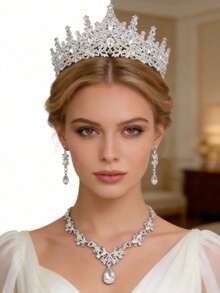 4件套优雅奢华水钻女王皇冠项链耳环新娘婚礼配饰套装，皇冠，头饰，头饰，发饰，花环 - 彩色 - 查看 4