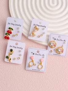 Bộ 9 khuyên tai đính ngọc trai giả tối giản thời trang hình nơ, hoa, trái tim, thích hợp cho bé gái đeo hàng ngày, có thể dùng làm trang sức, quà tặng, quà sinh nhật hoặc phụ kiện. - Bộ bông tai đính đá - Xem 6