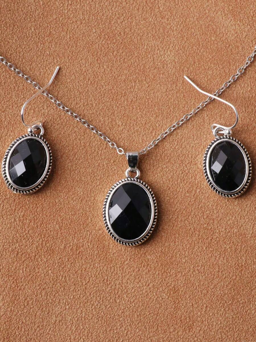 3pcs Women's Classic Black Faceted Necklace And Earrings Jewelry Set - Black - View 1