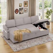 Corner Sofa Bed, U-Shaped Sleeper Sectional Couch Bed, 3-In-1 Corduroy Convertible Pull Out Sofa Bed With Adjustable Backrest, Storage And Cup Holder For Living Room, Grey - 4-seater U-shaped Corduroy Silver-grey - View 1