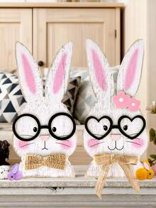 两件套复活节木制兔子装饰摆件，每只兔子都戴着时尚眼镜。采用耐用优质木材制成，表面涂层持久亮丽。适用于节日装饰、复活节装饰、壁炉架摆件、桌面摆件、复活节彩蛋游戏和春季家居装饰。 - 彩色 - 查看 3