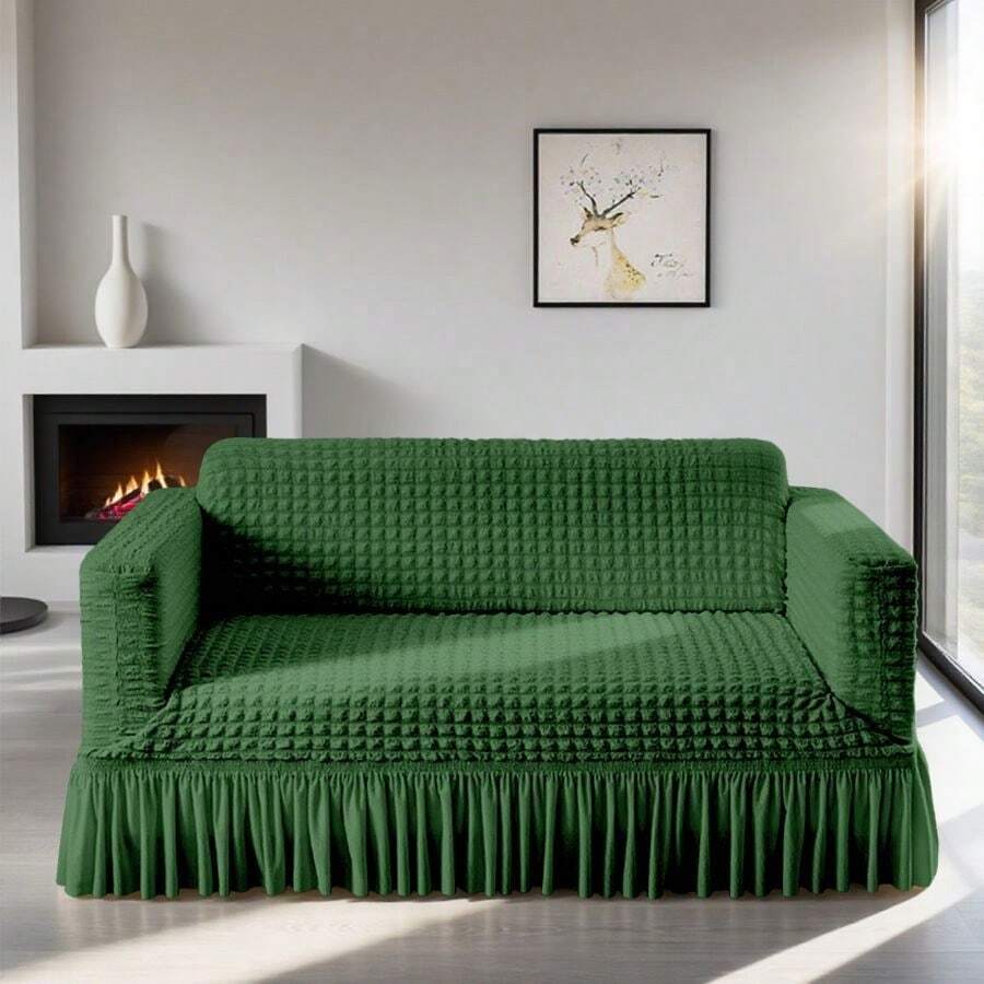 Modern Style Polyester Fiber Solid Color Bubble Gauze Simple Style Elastic All-Inclusive Lace Design Sofa Cover, All Seasons Scratch Resistant Elastic Living Room Sofa Cover Pet Anti-Dirty Universal Sofa Protector Home Decoration - 綠色 - 查看 1