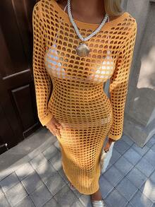 MORI Orange Hollow-Out Long Sleeve Knitted Cover Up Dress, Women's Spring/Summer New Beach Holiday Vacation Seaside Outfit, Summer Fashion Elegant Casual Loose Daily Versatile Travel Comfortable Knit Dress - Orange - View 9