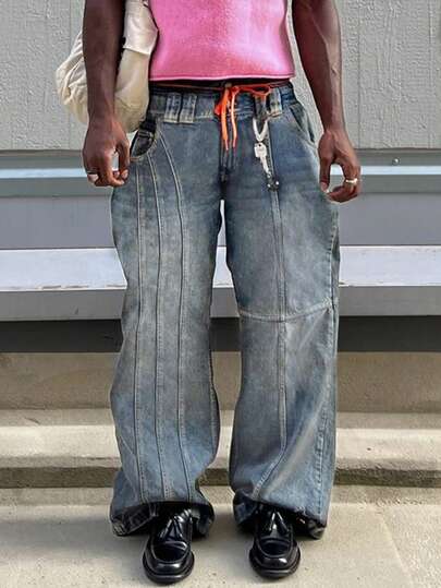 EVRINFINITE Jeans larges droits et amples de style grunge goth Y2K pour hommes, avec rayures personnalisées. Jeans polyvalents, mode casual minimaliste rétro de rue et sportive universitaire, convenant pour un usage quotidien, les déplacements, les activités extérieures et les rassemblements