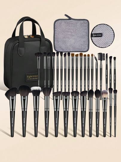 MAANGE 25pcs/32pcs/35pcs Soft Makeup Brush Set, Includes 1 Makeup Sponge, 1 Face Towel, And 1 Makeup Bag, Contains Powder Brush, Blush Brush, Foundation Brush, Contour Brush, Eyeshadow Brush, Eyebrow Brush, Eyeliner Brush, And Smudge Brush, Made Of Soft And Skin-Friendly Fibers, Portable, Great Gift For Friends