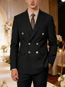 2pcs Men's British Style Metal Double-Breasted Suit, Notched Collar Business Casual Blazer Jacket + Pants - Black - View 1