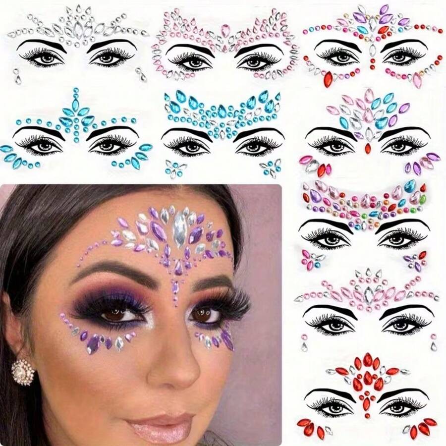 5/10/20pcs Facial Gem Stickers, Temporary Rhinestone Stickers For Celebrations And Parties, Party Decorations | Shiny Stickers Party Accessories, Costume Party Decor, Scrapbooking Supplies - Multicolor - View 1
