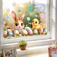 1/6 Stücke Oster Fensteraufkleber, süße Hasen, Hochlandrinder und Küken mit bunten Eiern, beidseitig statische Anti-Kollisions-Glasaufkleber, abnehmbare wasserfeste Aufkleber für Frühlings-Feiertagsdekoration Zuhause. - Verschiedenfarbig - Übersicht 2