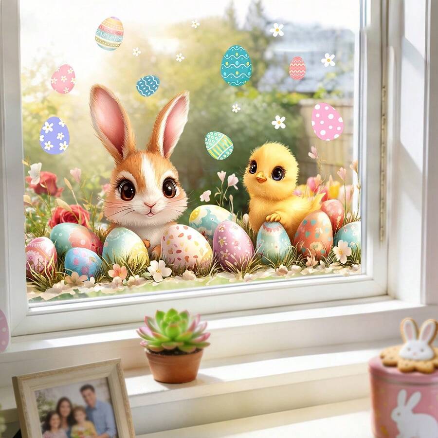 1/6 Stücke Oster Fensteraufkleber, süße Hasen, Hochlandrinder und Küken mit bunten Eiern, beidseitig statische Anti-Kollisions-Glasaufkleber, abnehmbare wasserfeste Aufkleber für Frühlings-Feiertagsdekoration Zuhause.