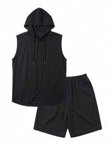 Men's Linen Casual Hooded Vest And Drawstring Shorts 2 Pieces Set, Summer - Black - View 3