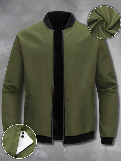 Outdoor Sports Casual Stand Collar Baseball Jacket, Solid Color Zipper Jacket, Father's Day