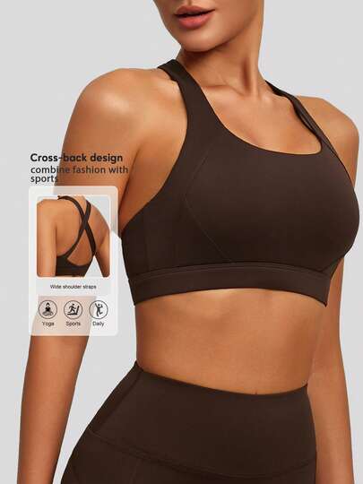 Sodalemon Women's Fitness Criss-Cross Sports Bra With Padding, Elastic Training Active Top For Gym, Yoga, Running, Solid Color Sports Bra