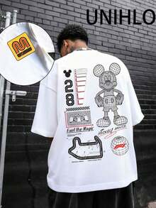 Disney UNIHLO  Street Life Men's Casual Loose  Mickey  Cartoon  Print Short Sleeve T-ShirtSummer - 白色 - 查看 1