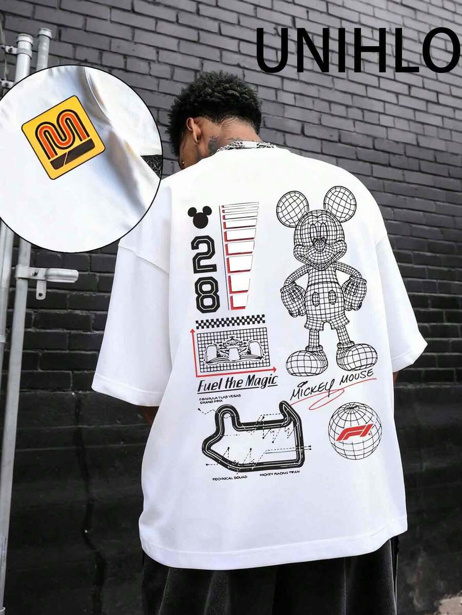 Disney UNIHLO  Street Life Men's Casual Loose  Mickey  Cartoon  Print Short Sleeve T-ShirtSummer - 白色 - 查看 1