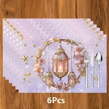 1/4/6 件套，斋月餐垫，亚麻餐桌垫，传统灯笼图案，可水洗印花桌布，表面保护垫，节日厨房和家庭聚会的理想装饰 - 彩色 - 查看 12