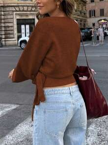 Áo len dài tay HoloChill nữ màu trơn, kiểu dáng thường ngày, thắt eo và nơ, mẫu mới đa năng cho mùa hè 2026. - Rỉ Nâu - Xem 6