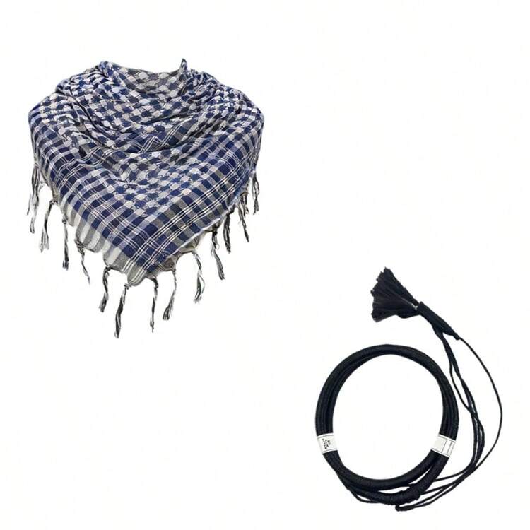 2件套儿童阿拉伯格子流苏头巾和阿拉伯头带，适合12-16岁儿童，阿拉伯战术围巾披肩，防晒，适合儿童和青少年，春夏款 - 2pcs - 查看 8