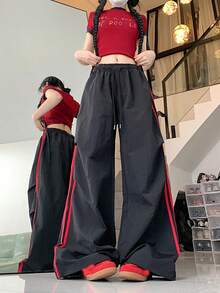 Women's Black Polyester Parachute Pants With Drawstring, Decorated With Red Stripes, Non-Stretch Fabric Spring - Black - View 4