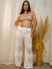 Kit 2 Calças Saída de Praia Tricot Crochê Pantalona Teladas Estilosa Moda Verão Confortavél - Branco e Preto - Visão 6