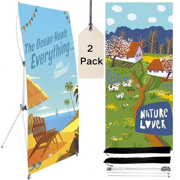 2 Pack Reinforced Block Foldable X Banner Stand, Adjustable Tripod 23x63 To 32x71 Inch With 2 Durable Bags For Trade Show Booths, Event Backdrops, Retail Display