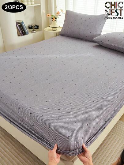 2/3件套灰色心形条纹床笠套装（1件床笠+1/2个枕套），甜美风格床垫保护套，床垫罩，床单套装，柔软透气，适用于各种尺寸的床——单人床、双人床、特大号床、大号床，床笠深度可达11.8英寸，家用纺织品