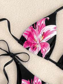 Black Lily Flower Print Halter Backless Top And Side Tie Thong Bikini Set - Red - View 2