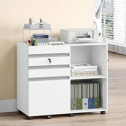 HEXCELEN 3-Drawer Mobile File Cabinet, Filing Cabinet With Lock, Under Desk Storage With 2 Adjustable Shelves, Fits A4, Legal, Letter, For Home, Office And School, 40 X 80 X 65 Cm, White