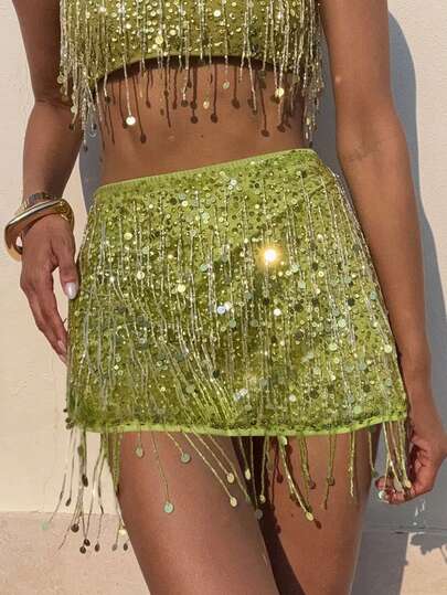 1pc Shiny Beaded Tassel Sexy Mini Skirt, Suitable For Beach, Swimwear, Valentine's Day, Music Festival, Party Outfits, Resort Yasmin Hand Beaded Mini Skirt