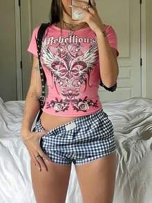 Summer Pink Valentines Day Birthday Tops Street Short Sleeves Y2K T-Shirt Going Out Letter Print Gothic Tops - Pink - View 7