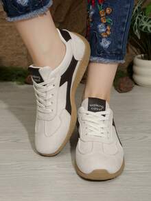 Women's Khaki Lace-Up Casual Sports Shoes, White Fashion Versatile Sneakers, Suitable For Casual, Sports, School, Travel, All Seasons - White - View 3