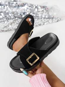 New Fashion Metal Buckle Decor Open Toe Platform Slide Sandals, Comfortable Non-Slip, Versatile & Easy To Clean, Suitable For Beach & Daily Wear - Black - View 4