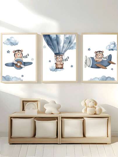 1pc Canvas Wall Art - Flying Bear Theme Children's Room Decor: Airplane And Hot Air Balloon Design Baby Products - Framed Nursery Wall Art Perfectly Suited For Playroom Decor Nursery Decor, Childcare Room Decor, Preschool Decor Boy's Room Decor Girl's Bedroom Decor Children's Room Decor