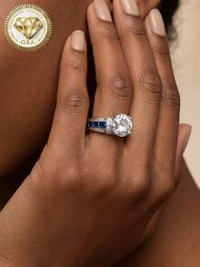 女士订婚戒指，复古全镶蓝边圆形戒指，5.6克S925纯银，2克拉莫桑石，波西米亚宫廷风格，适合订婚、求婚、结婚纪念日、情人节等场合，附赠莫桑石证书和精美礼盒 - 銀色 - 查看 5