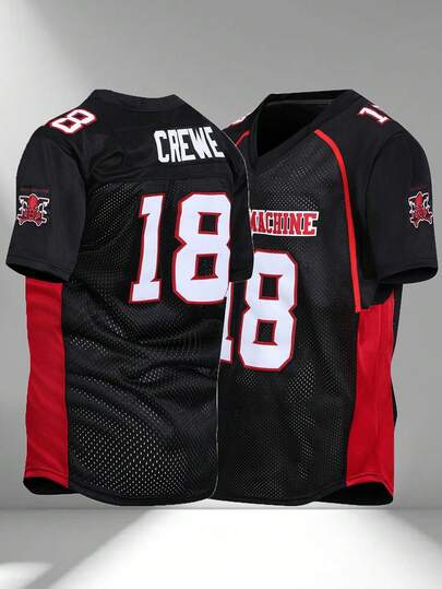 Men's Embroidered American Football Jersey, Black Casual V-Neck Short Sleeve T-Shirt, Party & Sports Wear