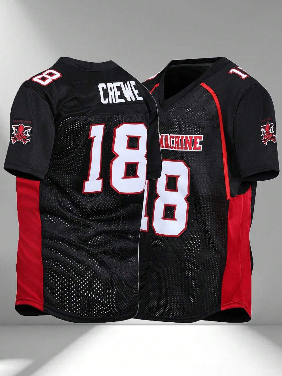 Men's Embroidered American Football Jersey, Black Casual V-Neck Short Sleeve T-Shirt, Party & Sports Wear