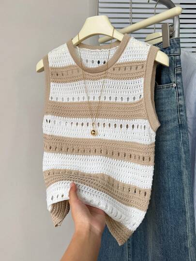 Maglia smanicata a costine con scollo a ciurlo, a righe e blocchi di colore, casual e carina, leggera e di stile, maglia donna estiva, top estivo carino per donna, maglia estiva, maglieria estiva