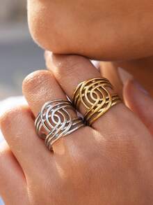 Frminee 2pcs/1pc Chunky Cross X-Ring Women's 18k Gold Plated Stainless Steel Ring, Stackable Stainless Steel Statement Jewelry, Durable, Sturdy, Comfortable Jewelry, Holiday Gift - Multicolor - View 1