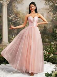 VIPGIRL Đầm dạ hội màu hồng thanh lịch không dây vai, chất liệu lưới, với phần thân áo ôm sát đính hạt, chân váy voan mỏng bồng bềnh, dài đến sàn, đầm dạ hội dành cho nữ, đầm dự tiệc. - Bụi hồng - Xem 5