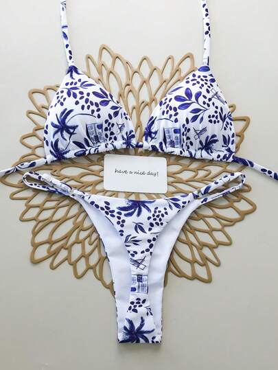 2pcs/Set Leaf Print Sexy Backless Tie-Back Swimsuit Bikini Set, Colorblock, For Beach, Resort, Stage & Concert, Summer