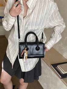 Women's High-Quality PU Leather Minimalist Structured Tote Bag With Beaded Charm, Casual Shoulder Bag - Black - View 3