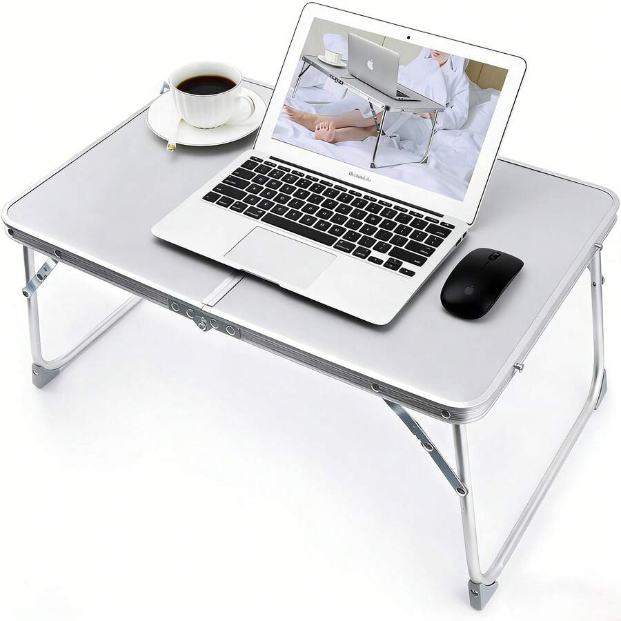 Foldable Laptop Table For Bed Lightweight Breakfast Bed Tray Portable Mini Picnic Storage Space Standing Holder, Folding Leg Desk Notebook Lap Table For Reading - Silver - View 1