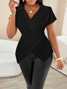 AIJ 女士夏季条纹印花纽扣衬衫，不对称下摆，蝙蝠袖短袖，裹身式上衣，优雅秋季穿着，适合通勤、外出、休闲场合。 - 黑色 - 查看 7