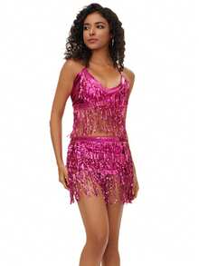 一套亮片流苏半身裙，女士性感露脐裙，可调节腰带，臀巾式裹裙，狂欢节、锐舞、表演服装。波西米亚风、复古风，适合节日、派对、夜生活、海滩装扮、节日服装及配饰。 - 彩色 - 查看 15