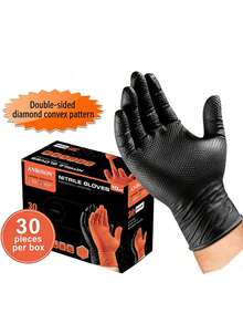 30 sztuk dwustronnych, bezpudrowych, bezlateksowych i bezwypadkowych rękawic ochronnych o grubości 10 mil, z wytłoczonym wzorem w romby, odpowiednich do konserwacji maszyn przemysłowych, czyszczenia, tatuowania i innych zastosowań. Wytrzymałe, jednorazowe, czarno-pomarańczowe rękawice robocze z nitrylu, dostępne w wielu rozmiarach, profesjonalne rękawice ochronne do użytku domowego. - Rękawice konserwacyjne. - Zobacz 8