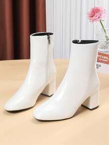 Autumn And Winter Women's Ankle Boots, White, Red, Black, Thick Heel, Side Zipper, Simple And Comfortable - 白色 - 查看 1
